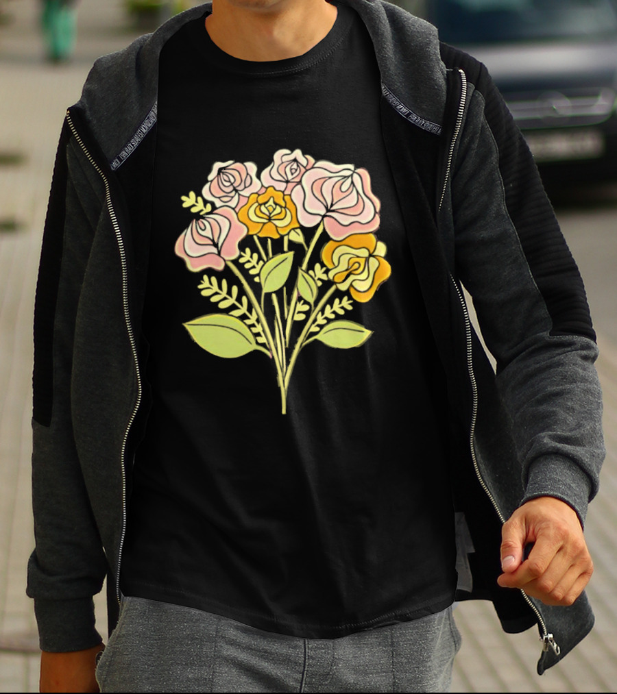Pink Roses Yellow Roses Leaves Stems Bloom Blossom Petal Flower Plant T-Shirt