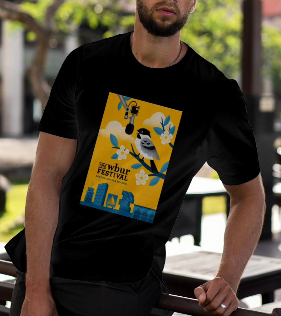 The Wbur Festival Boston 2026 Yellow Bird Microphone Urban Skyline T-Shirt