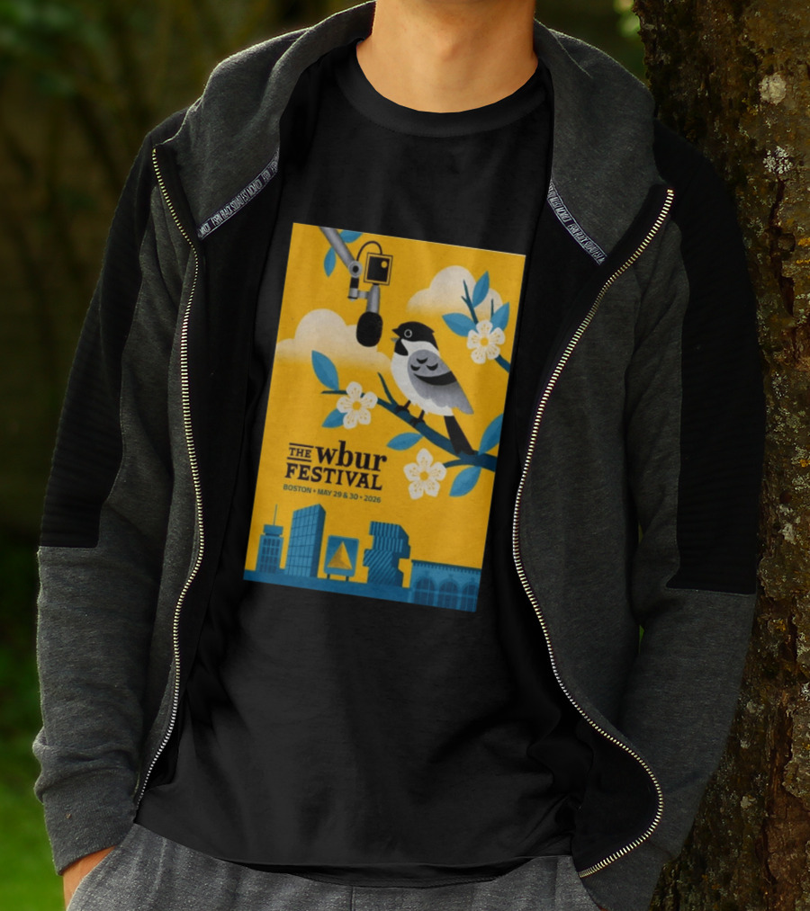 The Wbur Festival Boston 2026 Yellow Bird Microphone Urban Skyline T-Shirt