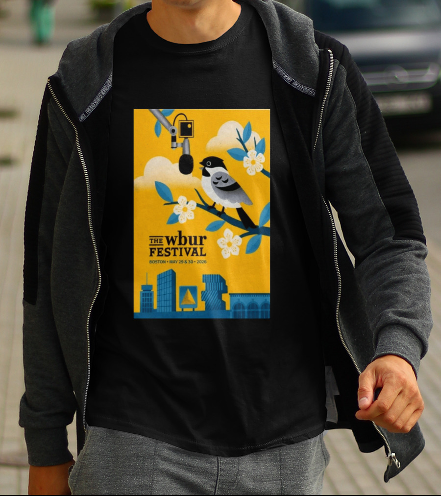 The Wbur Festival Boston 2026 Yellow Bird Microphone Urban Skyline T-Shirt