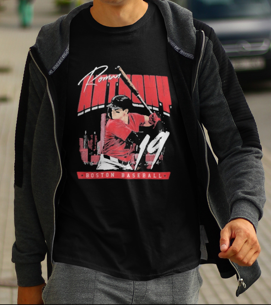 Roman Anthony 19 Boston Baseball Skyline Batting Scene T-Shirt