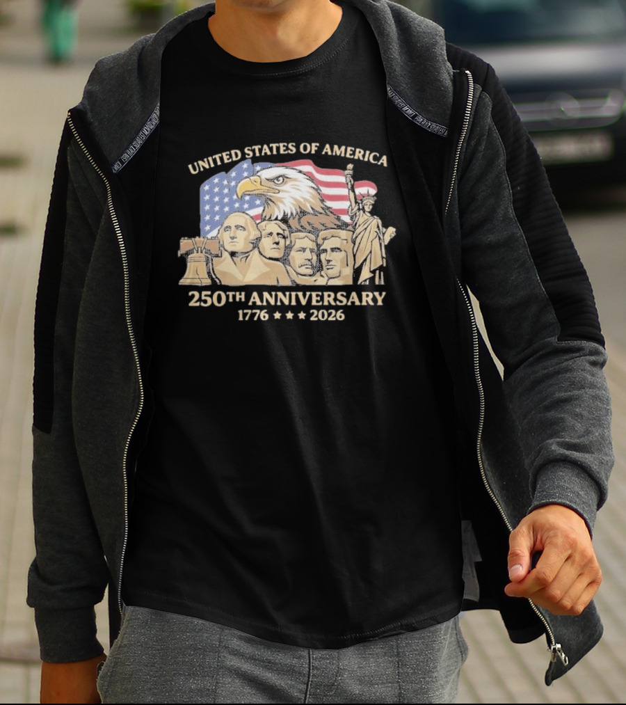 United States Of America 250th Anniversary 1776 2026 Patriotic Bald Eagle Liberty Bell Mount Rushmore Statue Of Liberty T-Shirt
