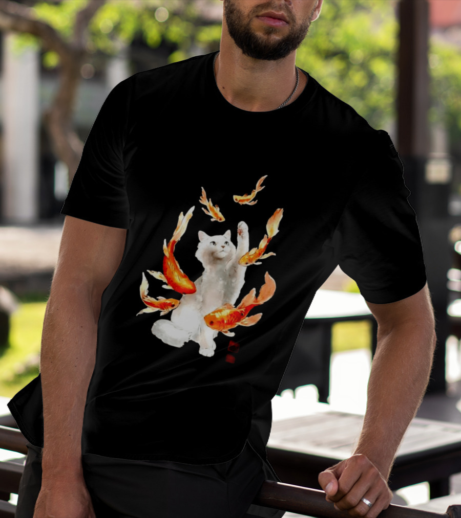 Playful White Cat Surrounded By Goldfish T-Shirt