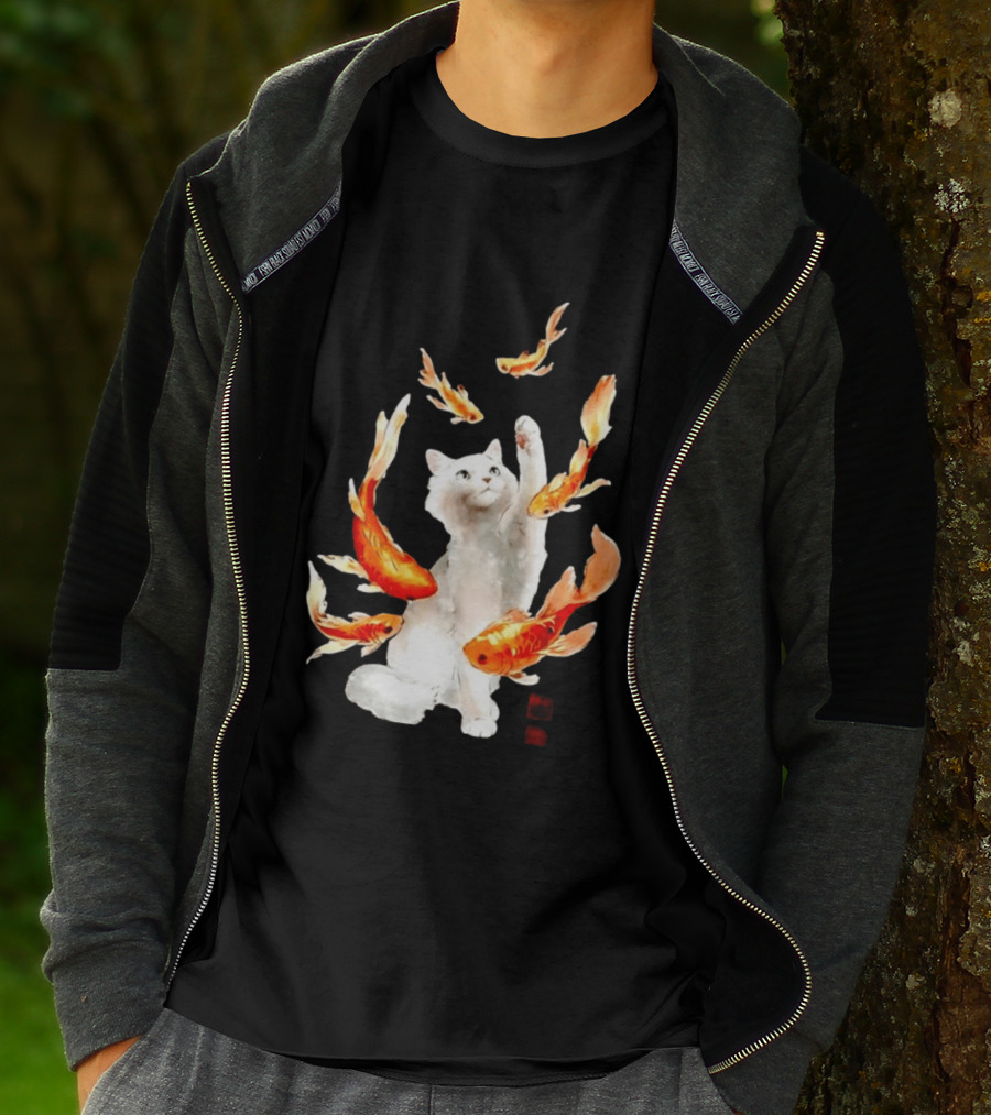 Playful White Cat Surrounded By Goldfish T-Shirt