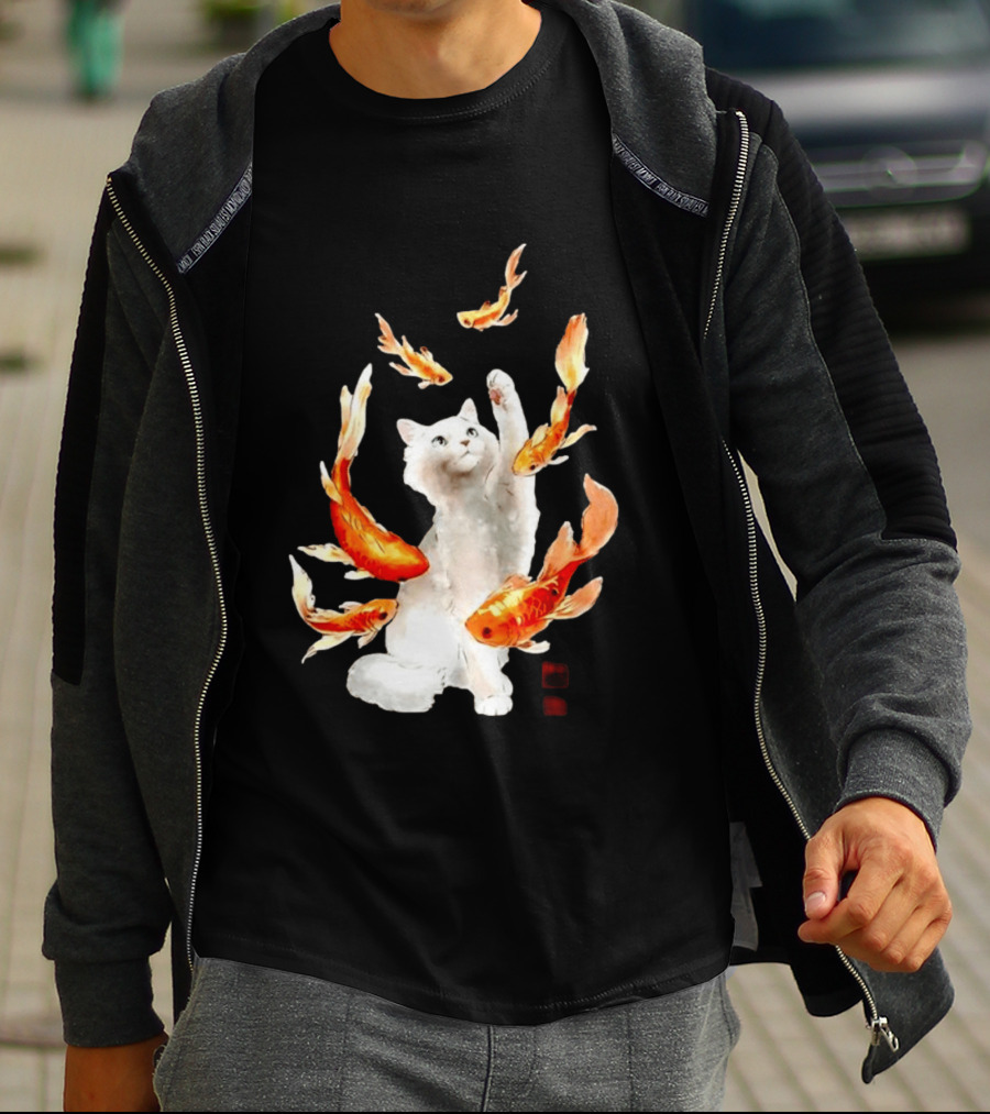 Playful White Cat Surrounded By Goldfish T-Shirt