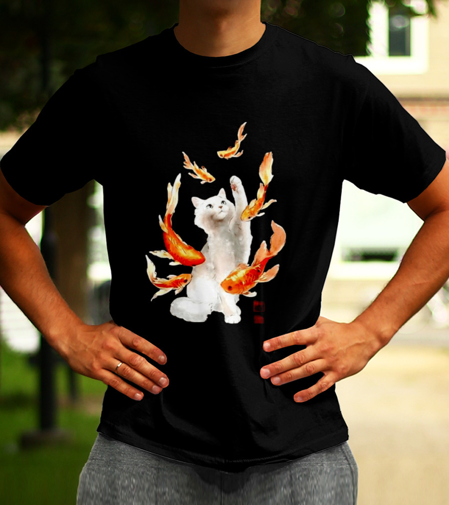 Playful White Cat Surrounded By Goldfish T-Shirt