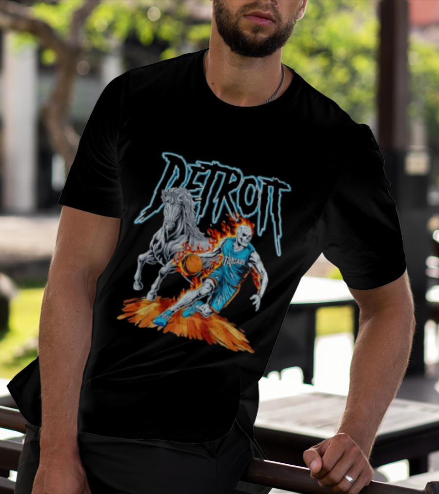 Detroit Skeleton Basketball Player With Fiery Basketball And Horse T-Shirt