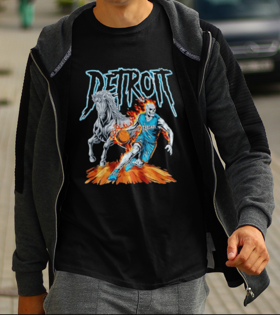 Detroit Skeleton Basketball Player With Fiery Basketball And Horse T-Shirt