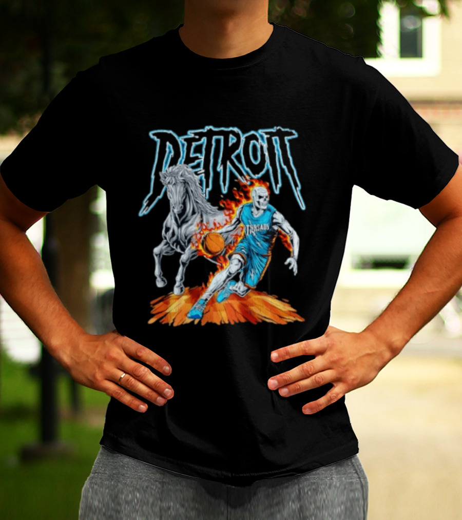 Detroit Skeleton Basketball Player With Fiery Basketball And Horse T-Shirt