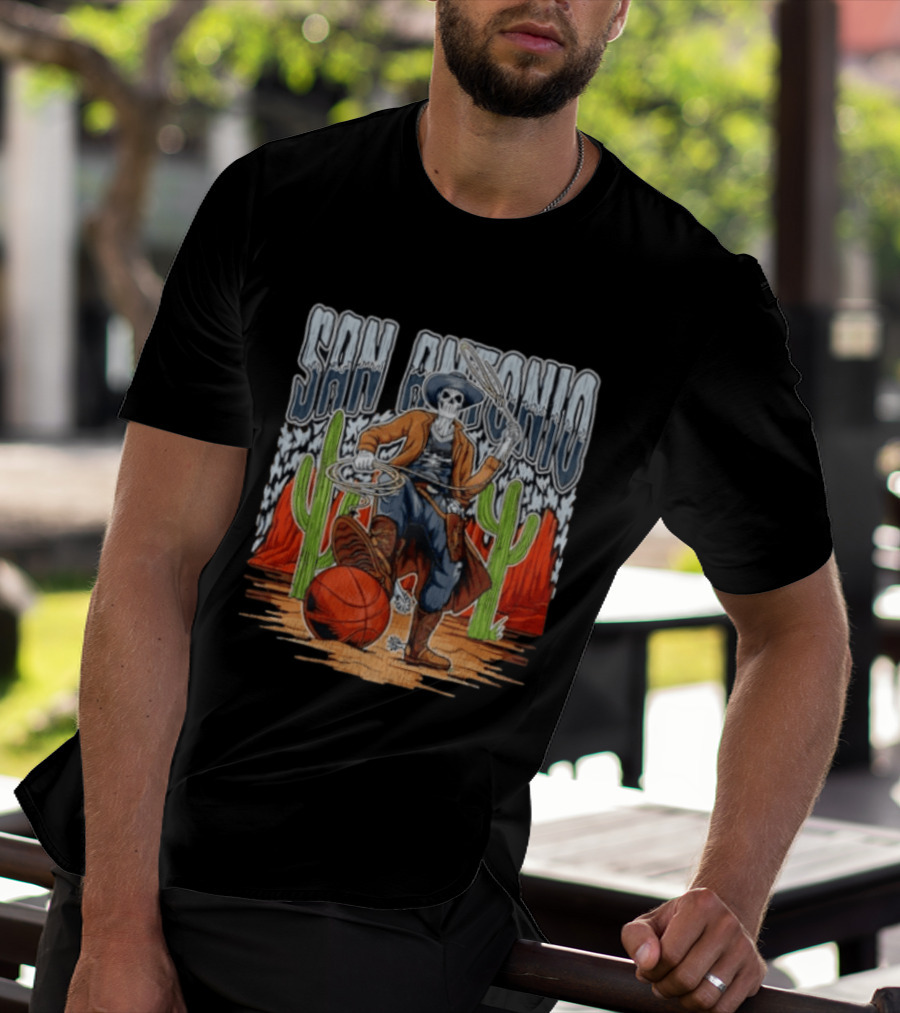 San Antonio Skeleton Cowboy With Basketball And Cactus Scene T-Shirt