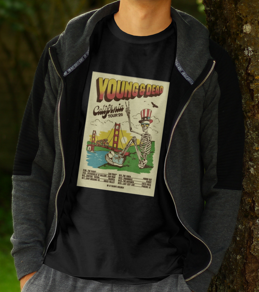 Young And Dead California Tour 26 San Fran Skeleton Golden Gate Bridge Uncle Sam Hat T-Shirt