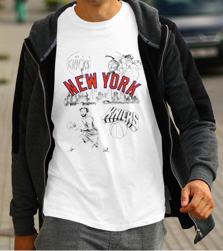 New York Knicks Skyline Basketball Player Graphic Cityscape Iconic Landmarks T-Shirt