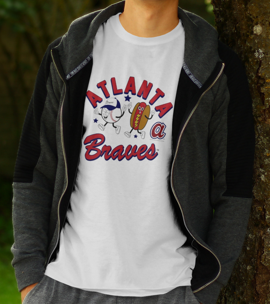 Atlanta Braves Baseball Character With Hot Dog Snack And Team Spirit T-Shirt