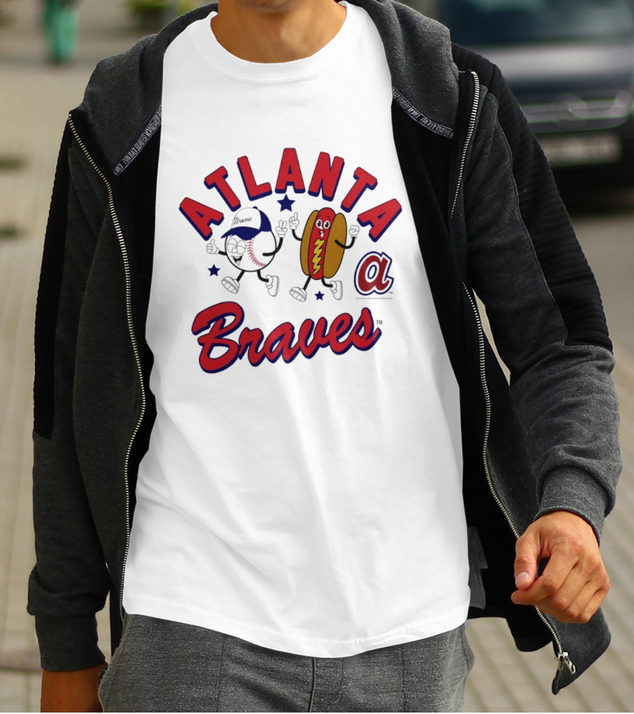 Atlanta Braves Baseball Character With Hot Dog Snack And Team Spirit T-Shirt