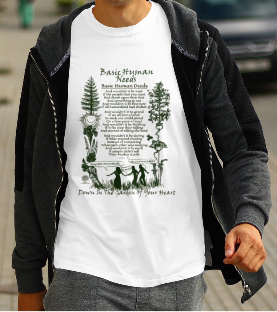 Basic Human Needs Basic Human Deeds Down In The Garden Of Your Heart Vintage Beige Forest Scene T-Shirt