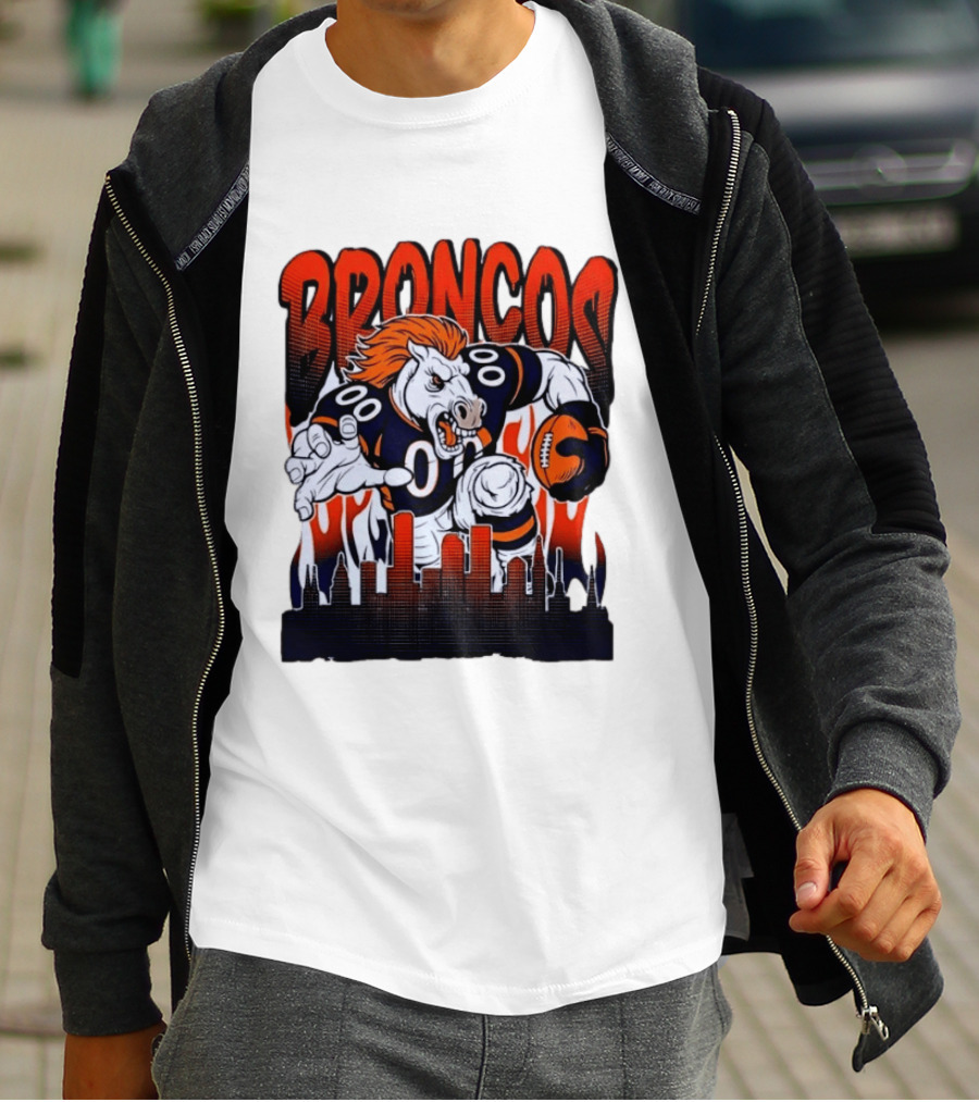 Denver Broncos Football Bronco Running Horse Skyline T-Shirt