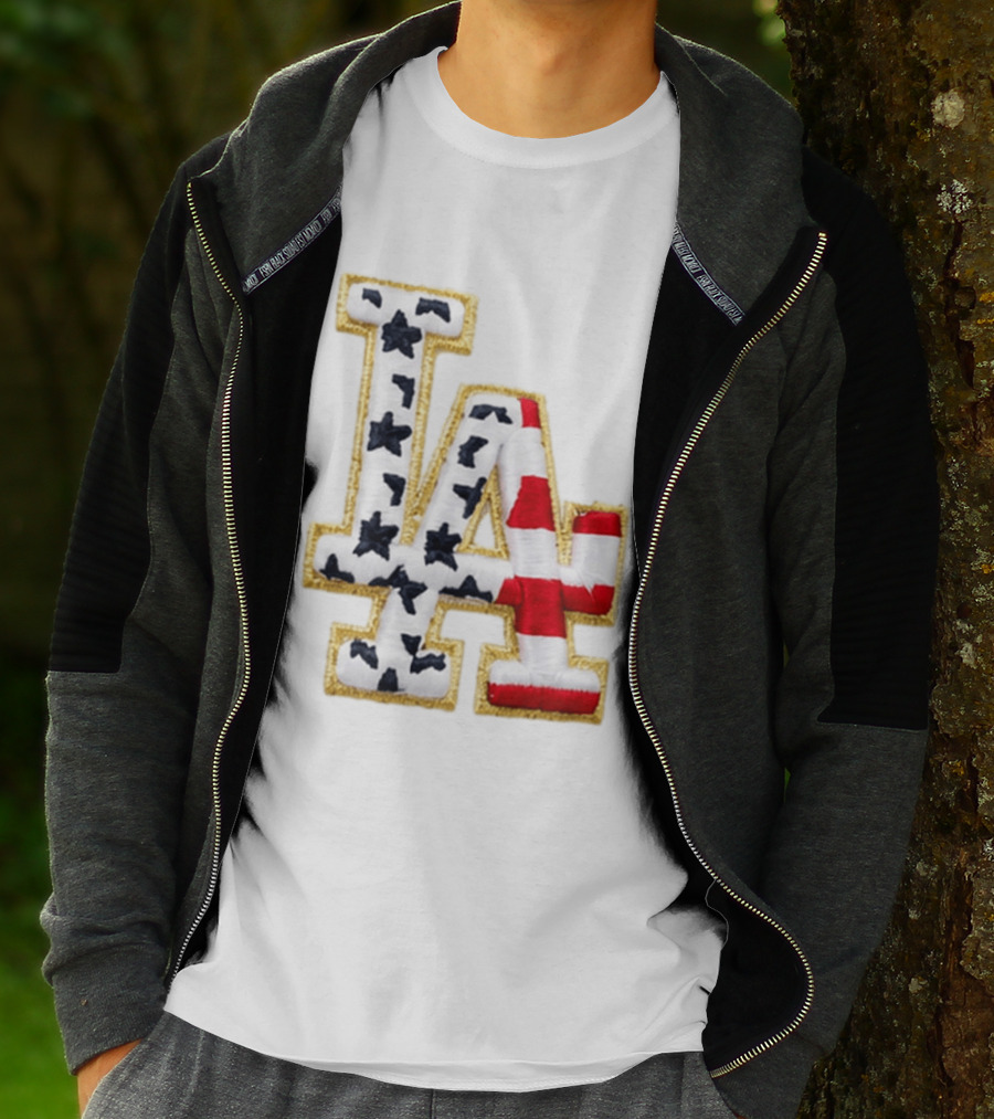 Dodgers LA 250th Anniversary Stars And Stripes Gold Trim Patch T-Shirt