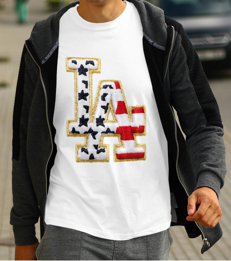 Dodgers LA 250th Anniversary Stars And Stripes Gold Trim Patch T-Shirt