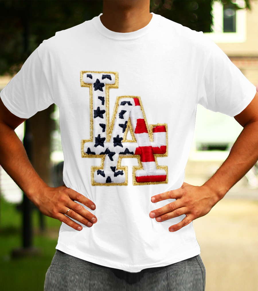 Dodgers LA 250th Anniversary Stars And Stripes Gold Trim Patch T-Shirt