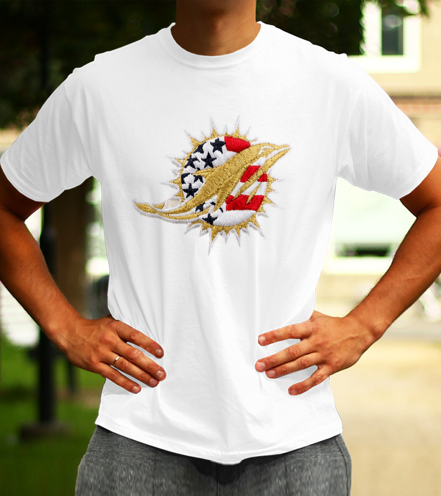 Sure, Here's The Revised Title: "Miami Dolphins USA Flag Patch America 250 Stars Stripes T-Shirt