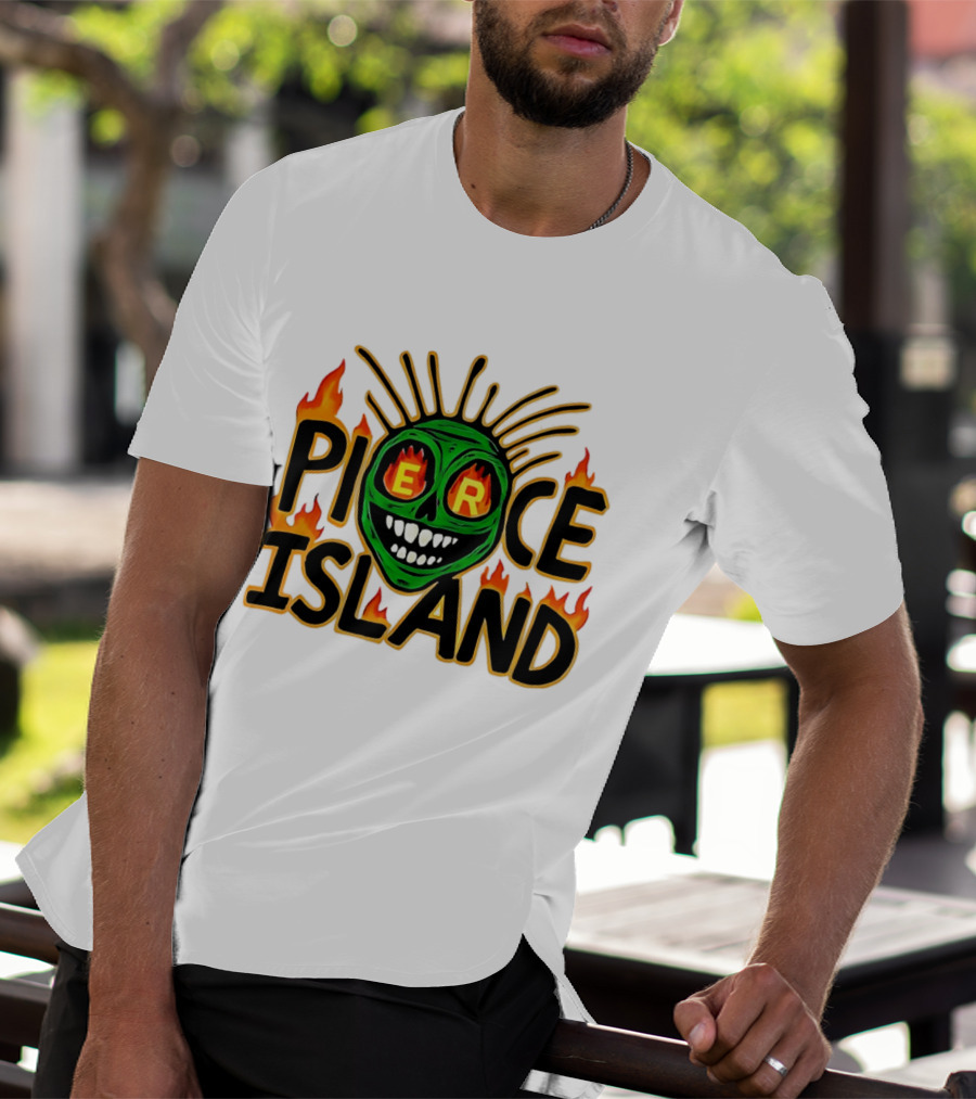 Pierce Island Green Skull Flames Spooky Island T-Shirt