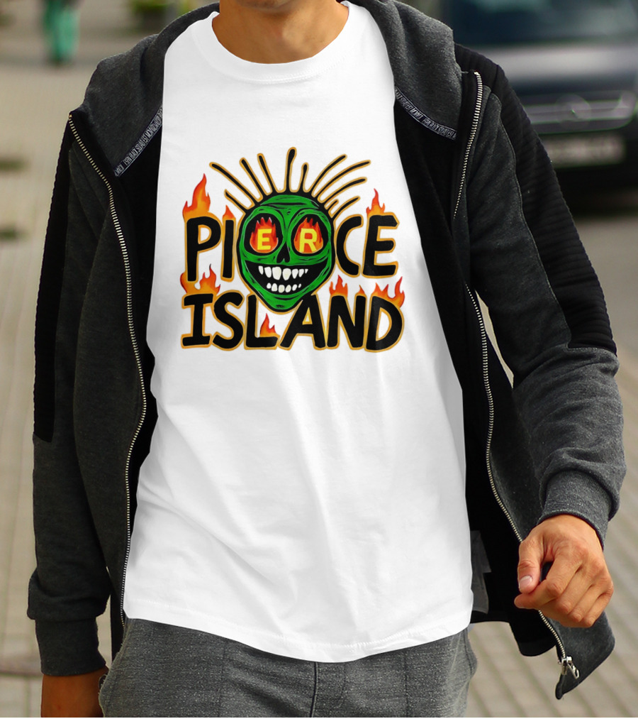 Pierce Island Green Skull Flames Spooky Island T-Shirt
