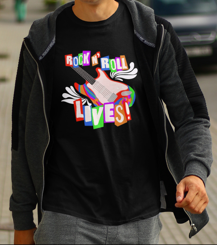 Rock N' Roll Lives Colorful Electric Guitar T-Shirt