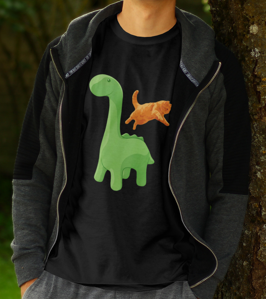 Cat Jumping Over Green Dinosaur Cartoon Image T-Shirt