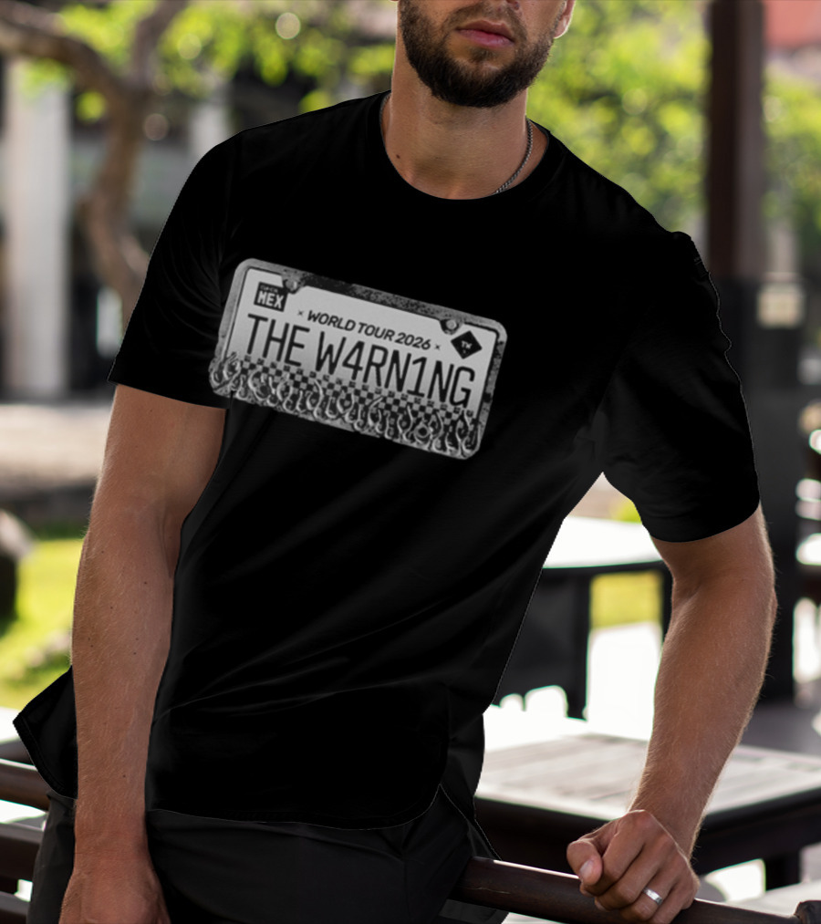 The W4RN1NG World Tour 2026 License Plate Checkered Flames T-Shirt