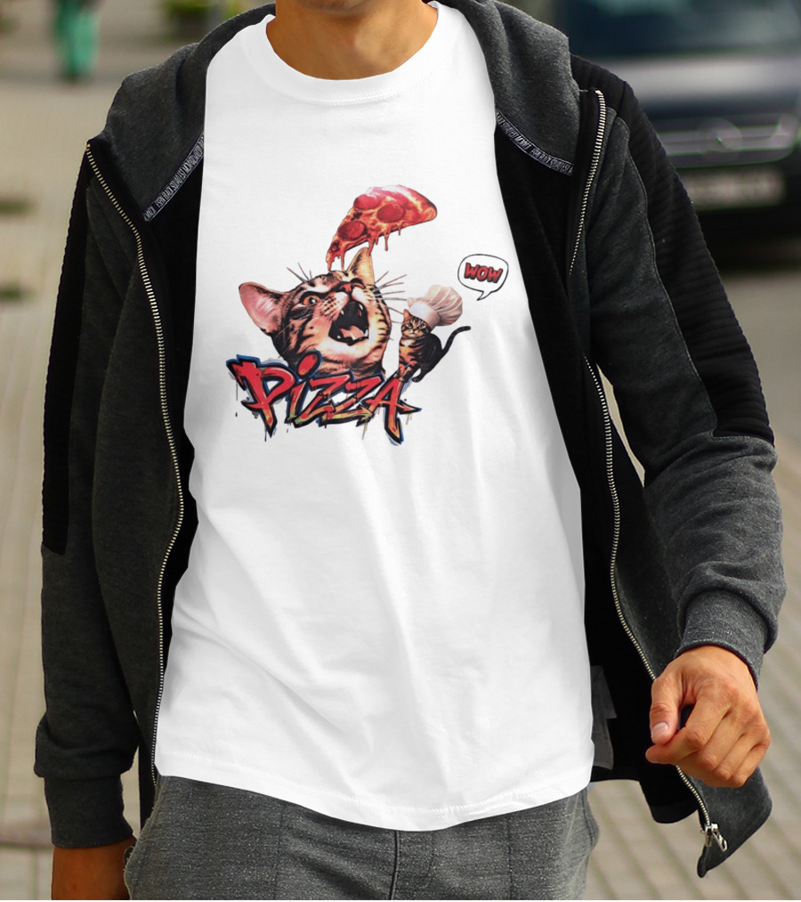 Pizza Cat Wow Chef Graffiti Culinary Delight T-Shirt