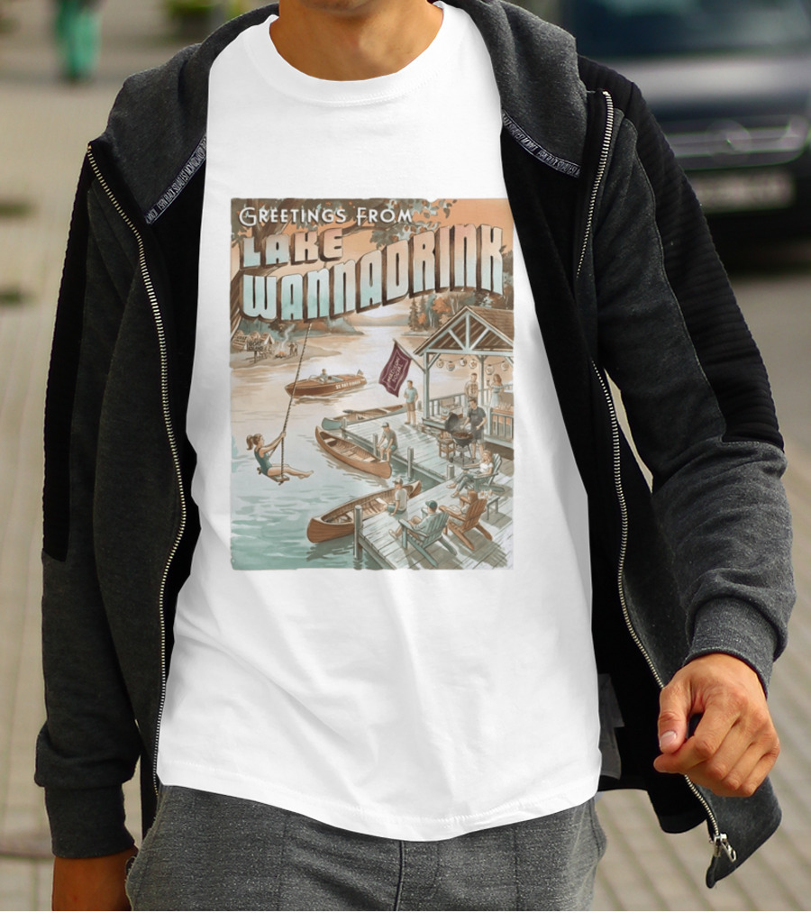 Greetings From Lake Wannadrink Goat Island Madison Social Fat Finger T-Shirt