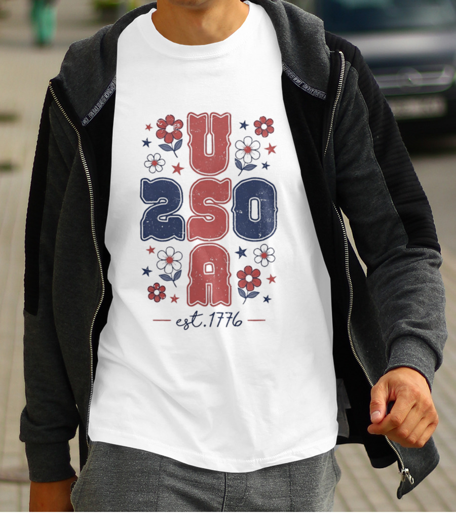 USA 250 Est 1776 American Patriotic Floral Stars Independence Day T-Shirt