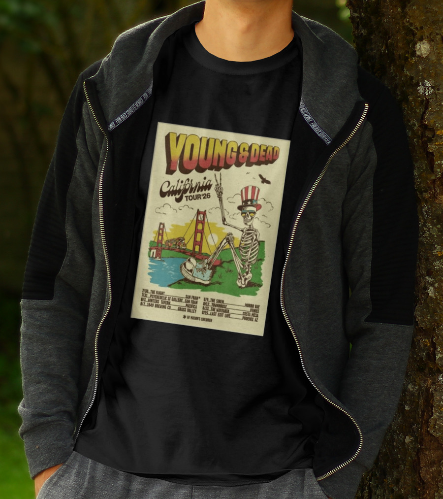 Young And Dead California Tour 2026 Vintage Skeleton Golden Gate Bridge T-Shirt