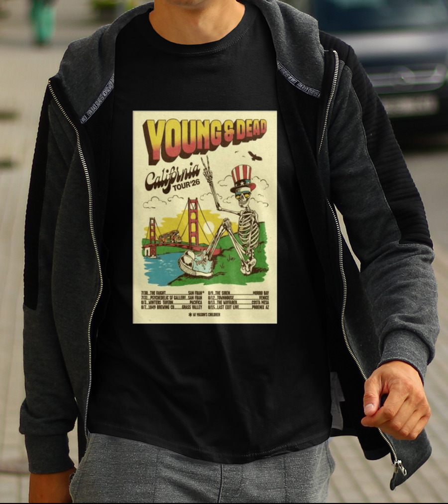 Young And Dead California Tour 2026 Vintage Skeleton Golden Gate Bridge T-Shirt