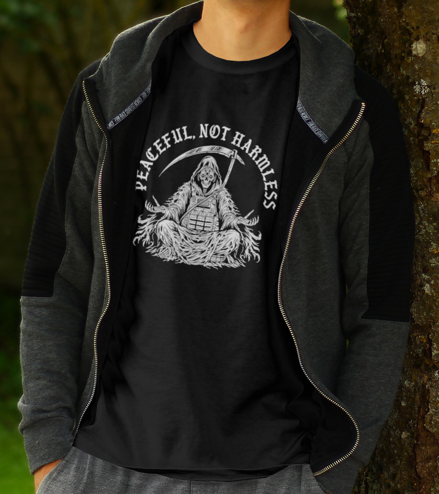 Peaceful Not Harmless Meditating Grim Reaper With Scythe T-Shirt