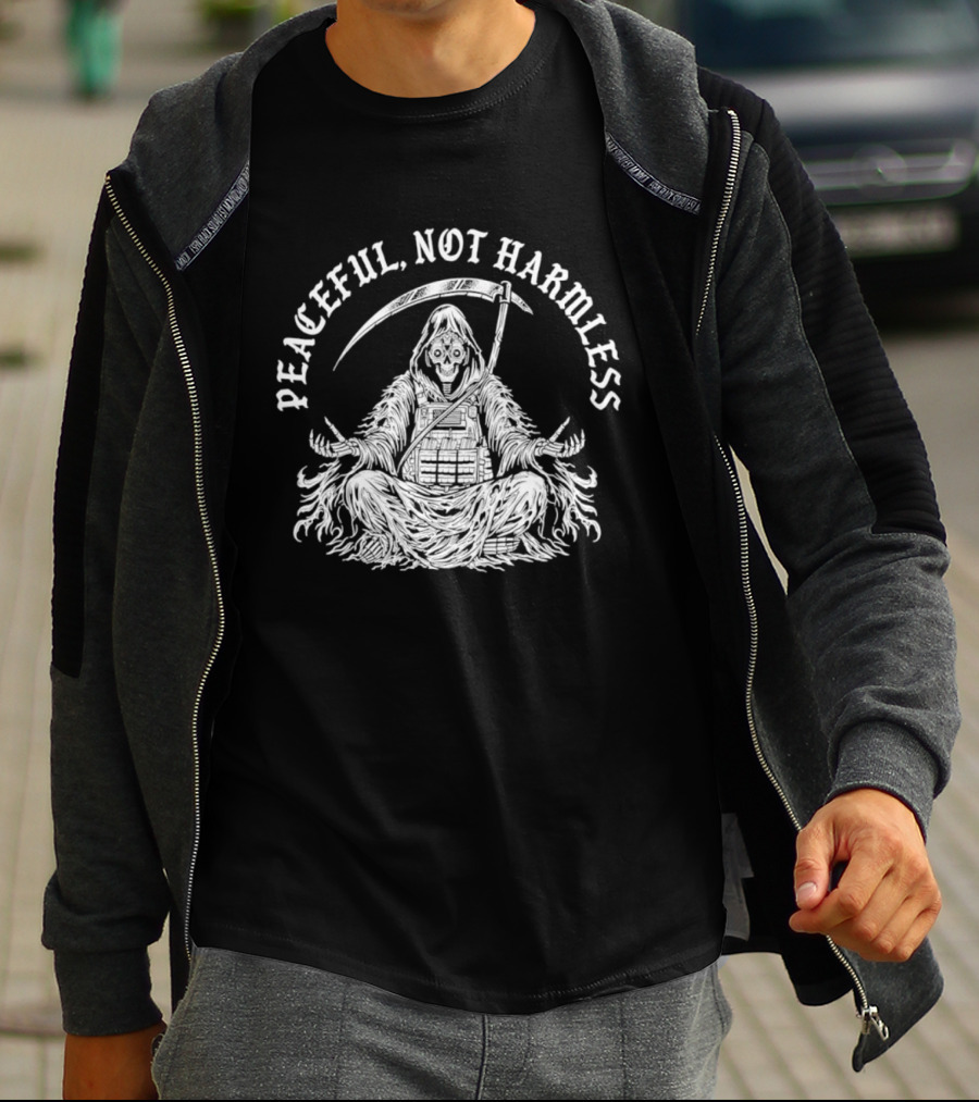 Peaceful Not Harmless Meditating Grim Reaper With Scythe T-Shirt