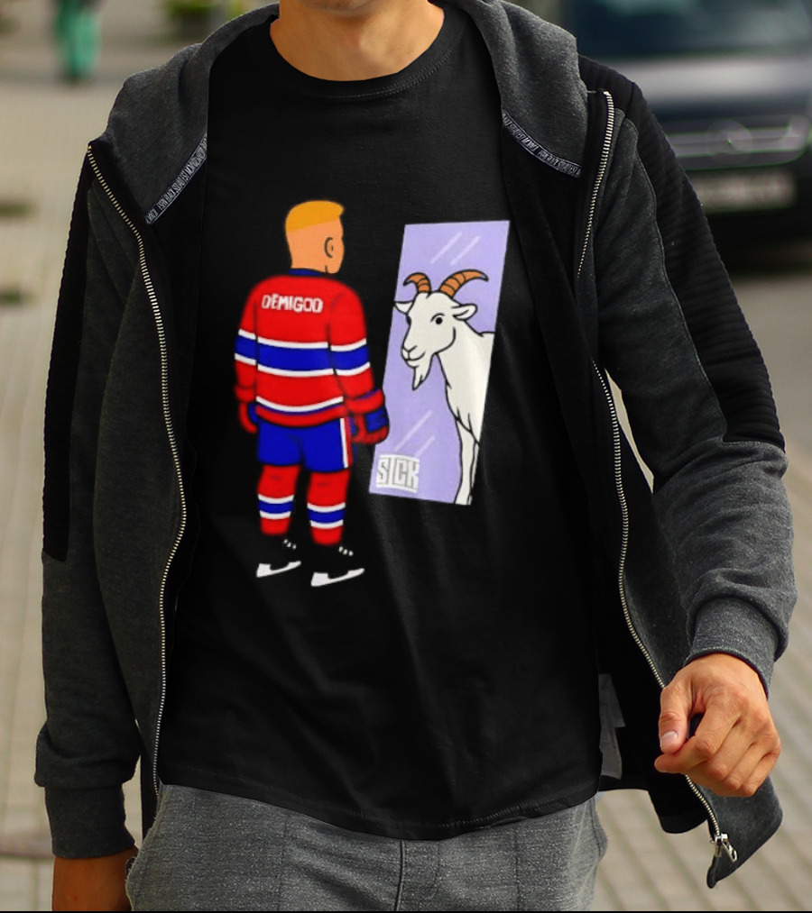 Demigod Hockey Player Looking In Mirror With Goat Reflection T-Shirt