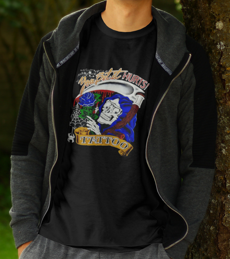 You Bet It Hurts Skeleton Rose Tattoo Spider Web T-Shirt