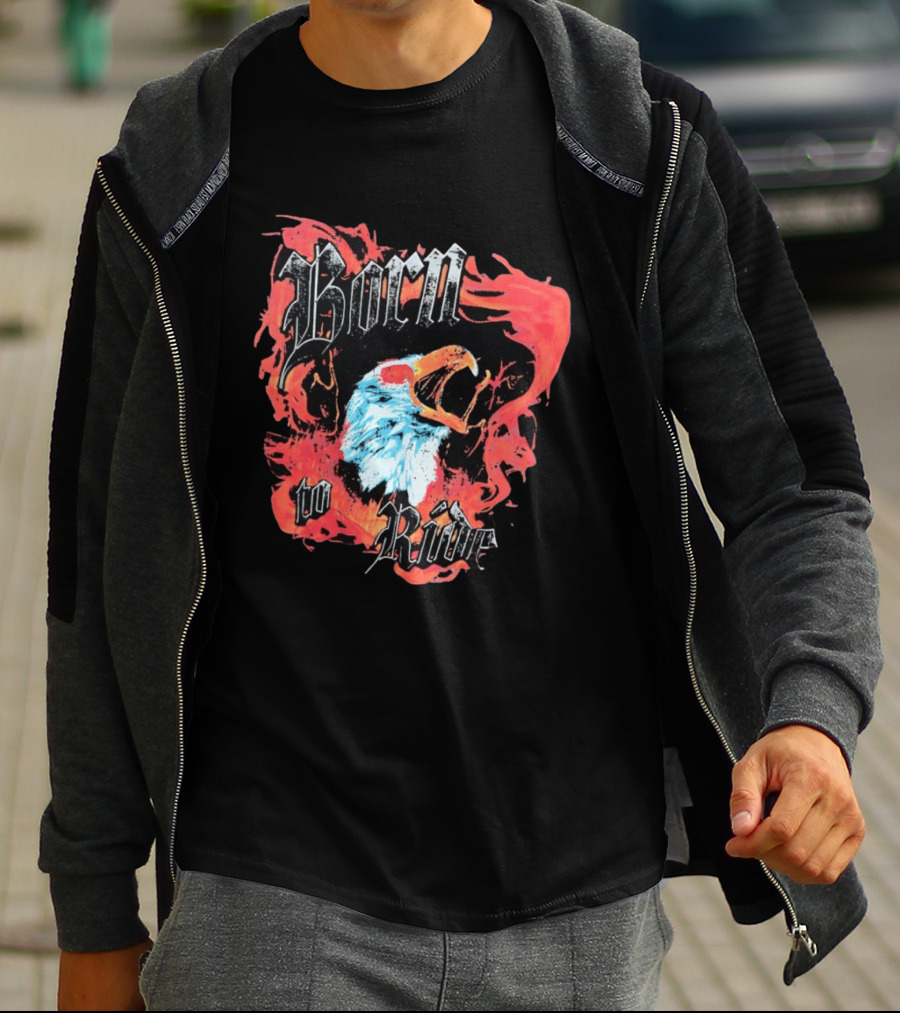 Born To Ride Fiery Bald Eagle Biker T-Shirt
