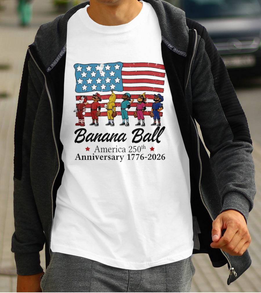 Banana Ball America 250th Anniversary 1776 2026 Flag Baseball Celebration T-Shirt