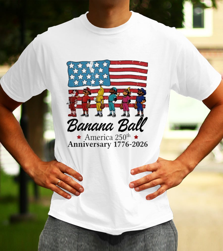 Banana Ball America 250th Anniversary 1776 2026 Flag Baseball Celebration T-Shirt