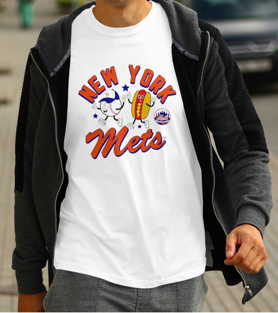 New York Mets Hot Dog Cartoon Baseball T-Shirt