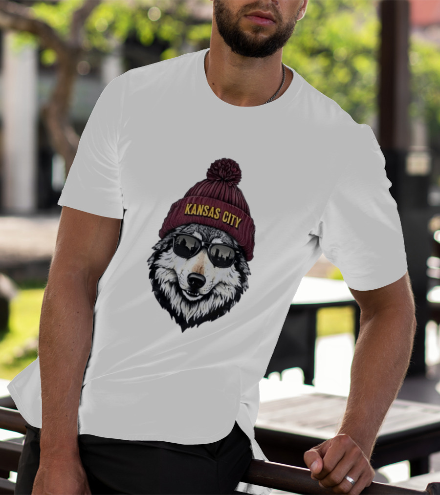 Kansas City Wolf Beanie Sunglasses Cityscape T-Shirt