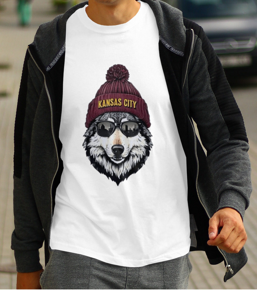 Kansas City Wolf Beanie Sunglasses Cityscape T-Shirt