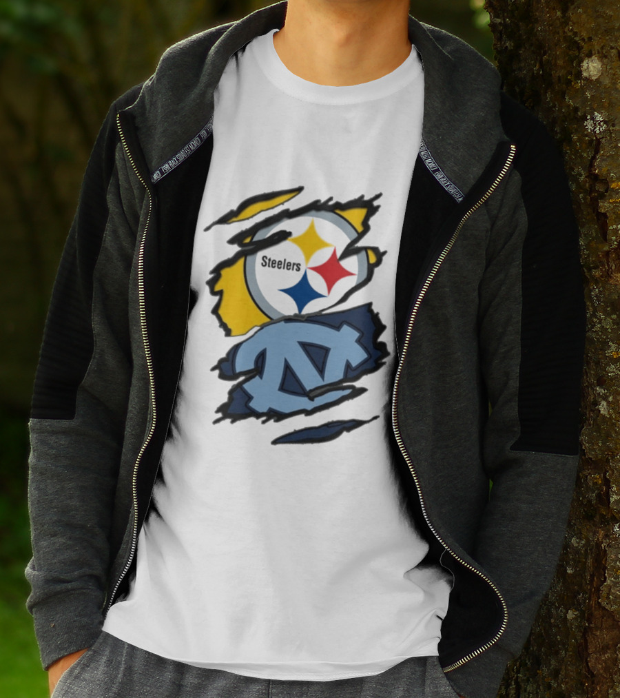 Pittsburgh Steelers UNC Tar Heels Ripped Metal Effect Logo Fusion T-Shirt