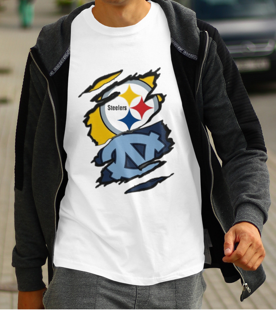 Pittsburgh Steelers UNC Tar Heels Ripped Metal Effect Logo Fusion T-Shirt