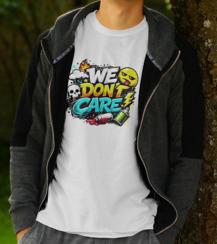 We Don't Care Graffiti Emojis Fire Cloud Lightning Skull T-Shirt