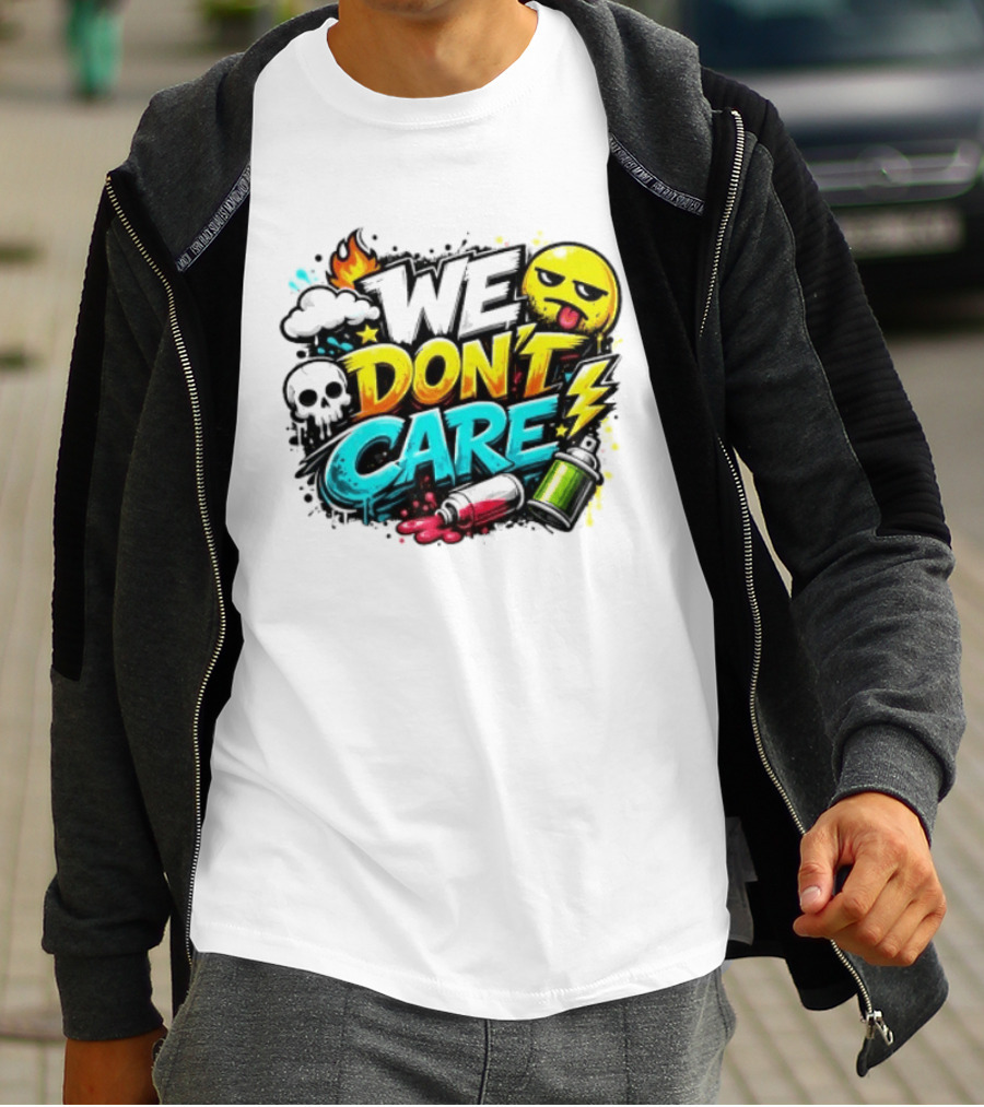 We Don't Care Graffiti Emojis Fire Cloud Lightning Skull T-Shirt