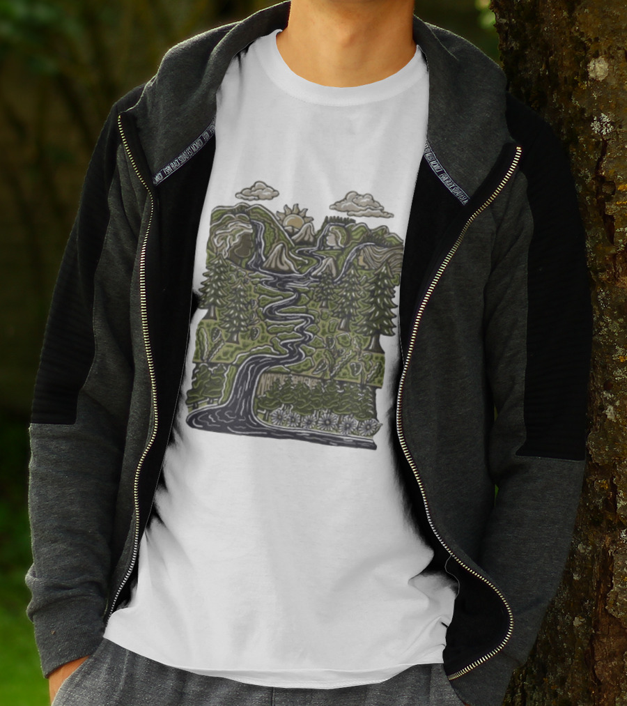 Nature Backs Forest Scene With River Trees Mountains Sun And Clouds T-Shirt