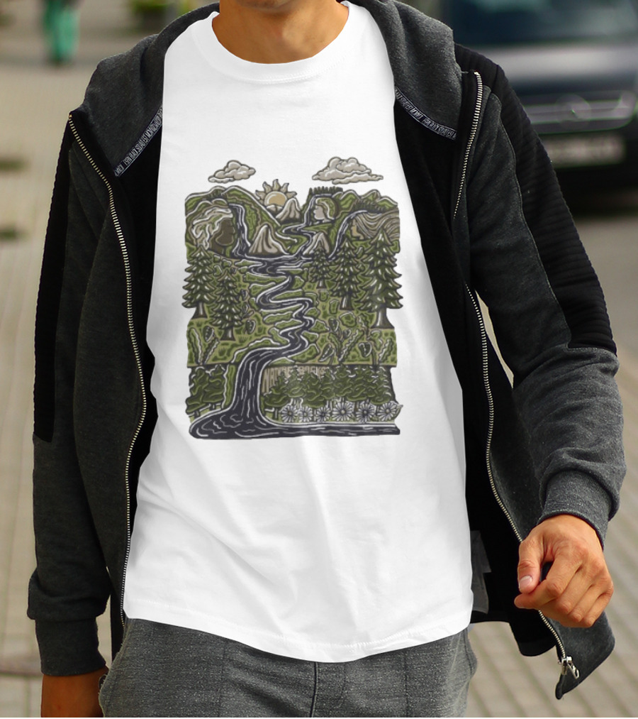 Nature Backs Forest Scene With River Trees Mountains Sun And Clouds T-Shirt
